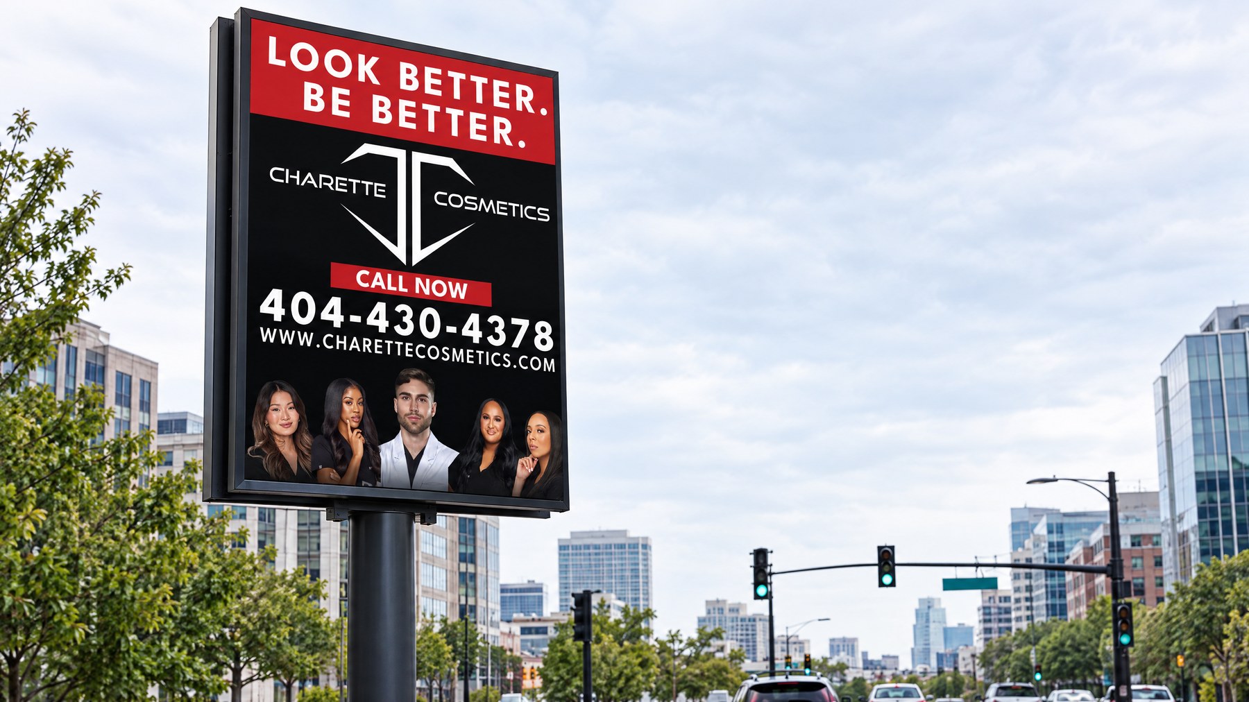 The Charette Cosmetics billboard on a single pole beside a city intersection