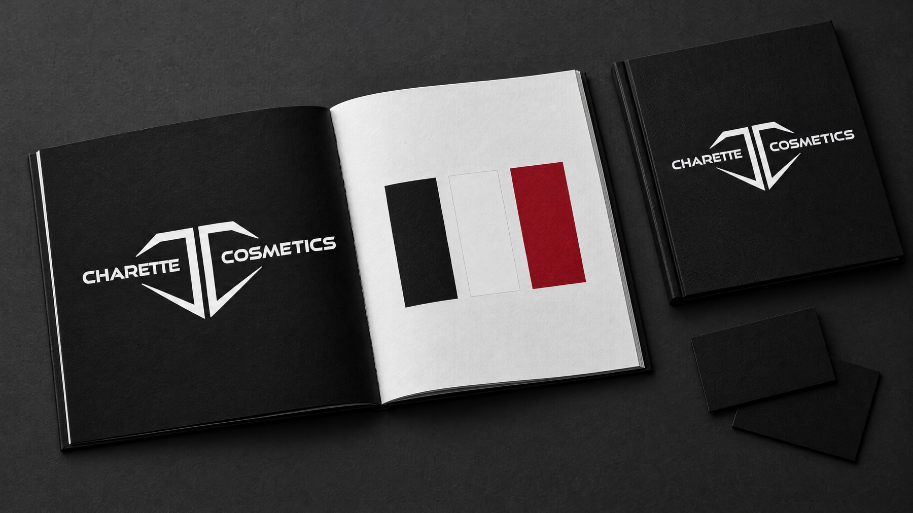 The Charette Cosmetics identity in a brand guidelines booklet