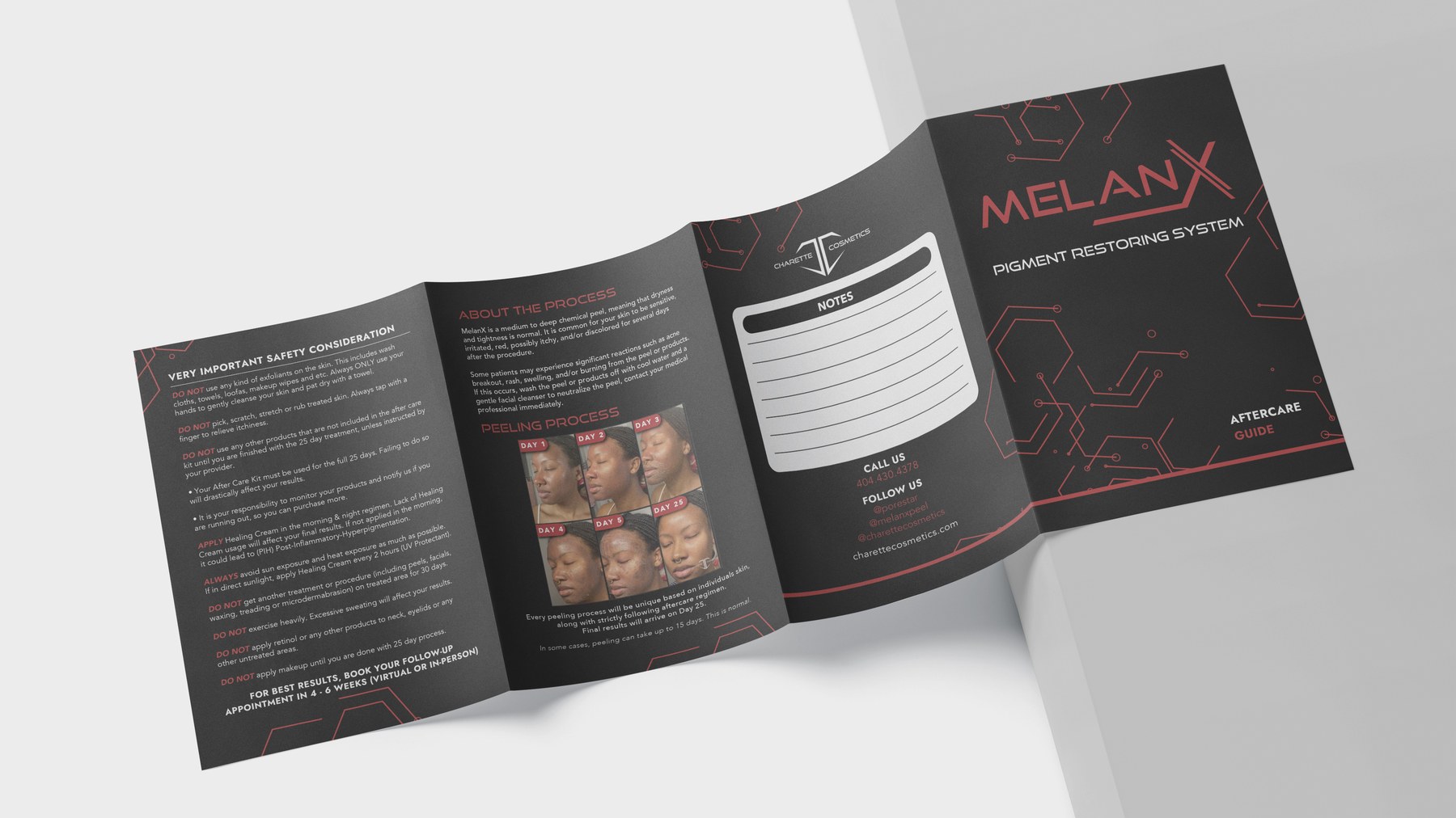 The MelanX aftercare guide fanned open, outside panels