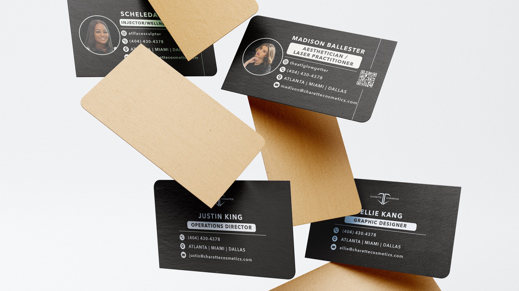 The business card set photographed in a floating arrangement