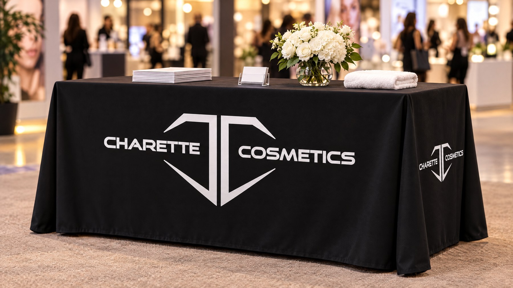 The branded table cloth on a Charette Cosmetics event stand