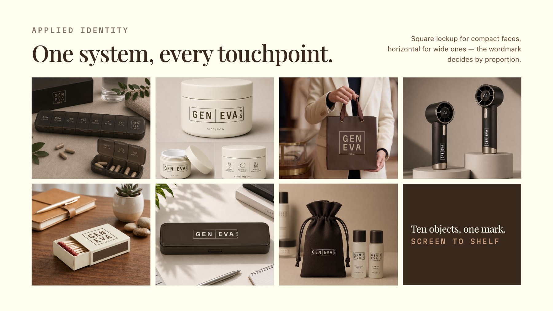 Ten Geneva Med objects carrying one wordmark